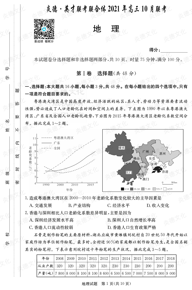 [地理]炎德英才聯考聯合體2021年高三10月聯考（2022屆長郡中學高三2次月考）